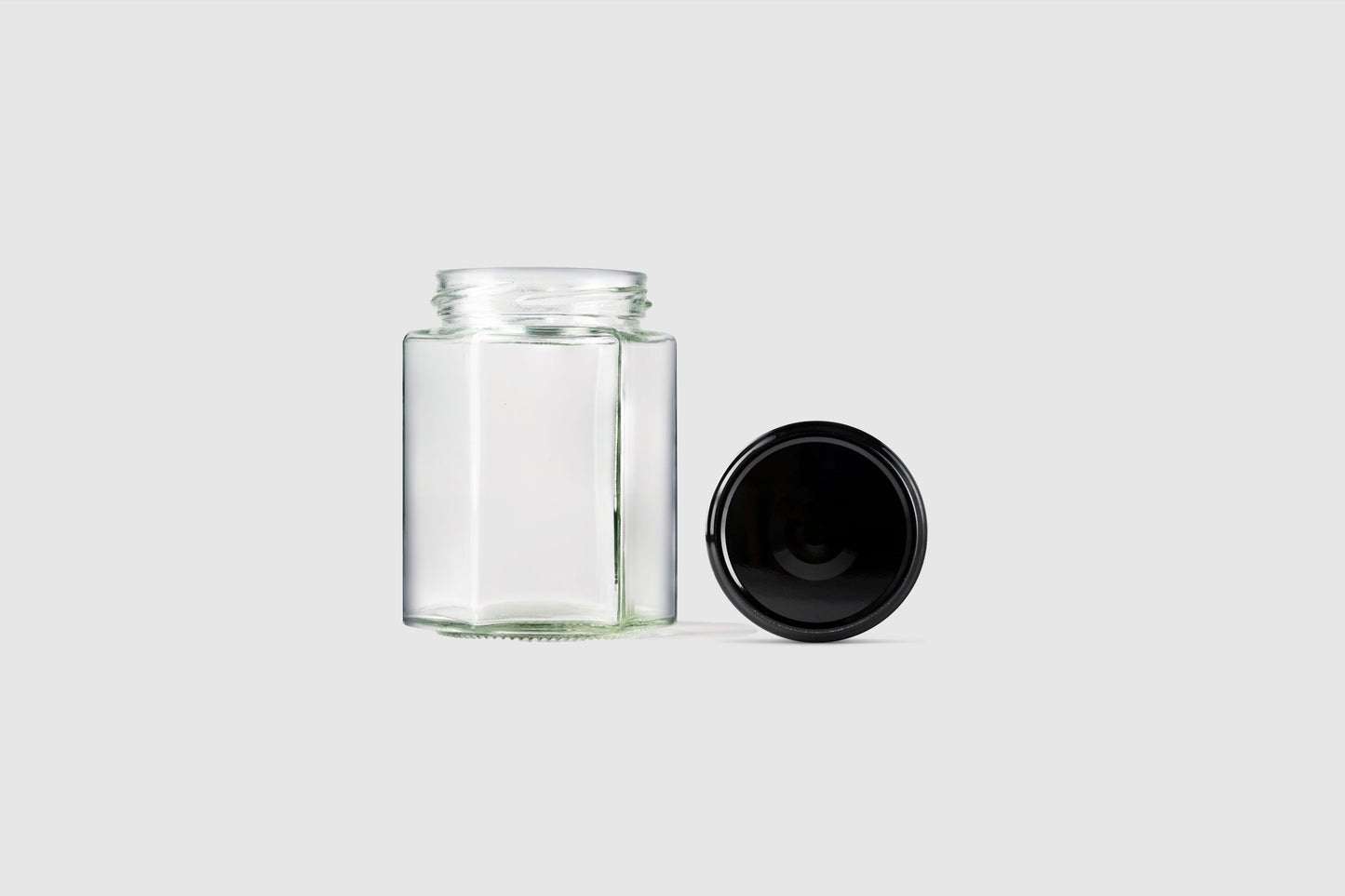 196ml hexagonal glass jars  black lids