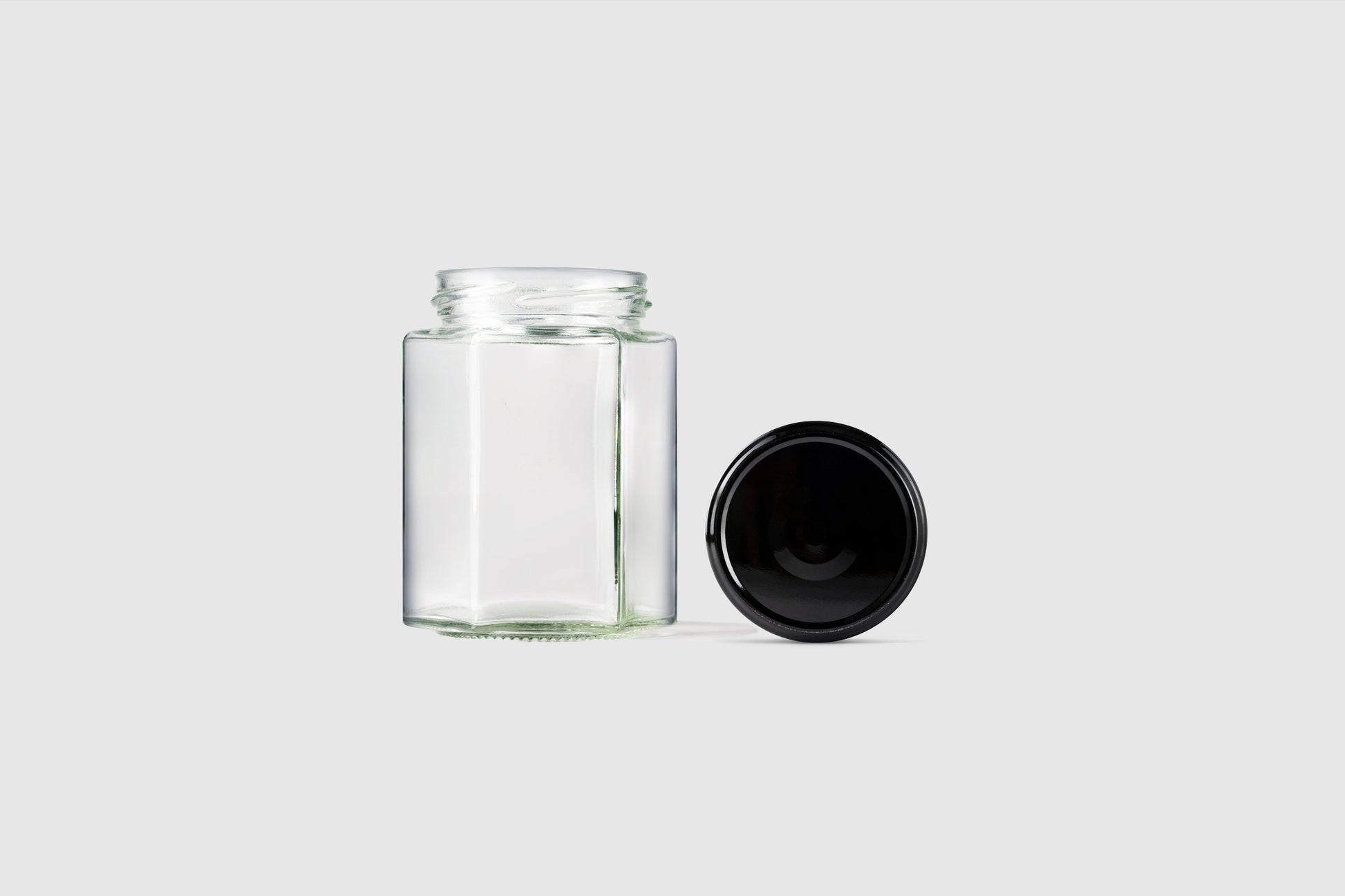 196ml hexagonal glass jars  black lids