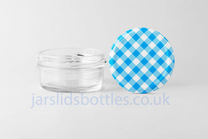 65ml low profile squat glass jar blue gingham lid 