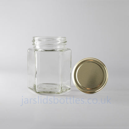 Glass Hexagon Honey Jam Jar 165 ml with Gold Metal Lids