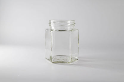 Glass Hexagon Honey Jam Jar 165 ml with Gold Metal Lids