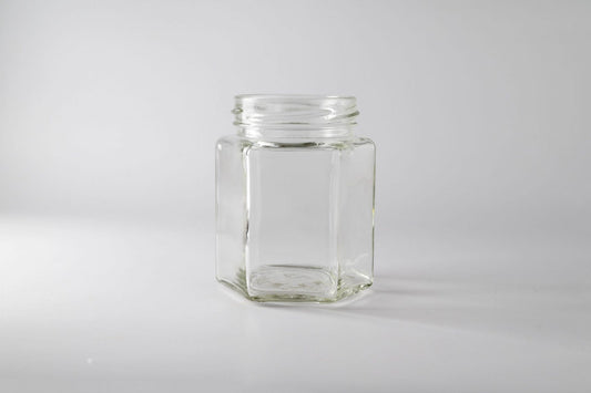 Glass Hexagon Honey Jam Jar 165 ml with Gold Metal Lids