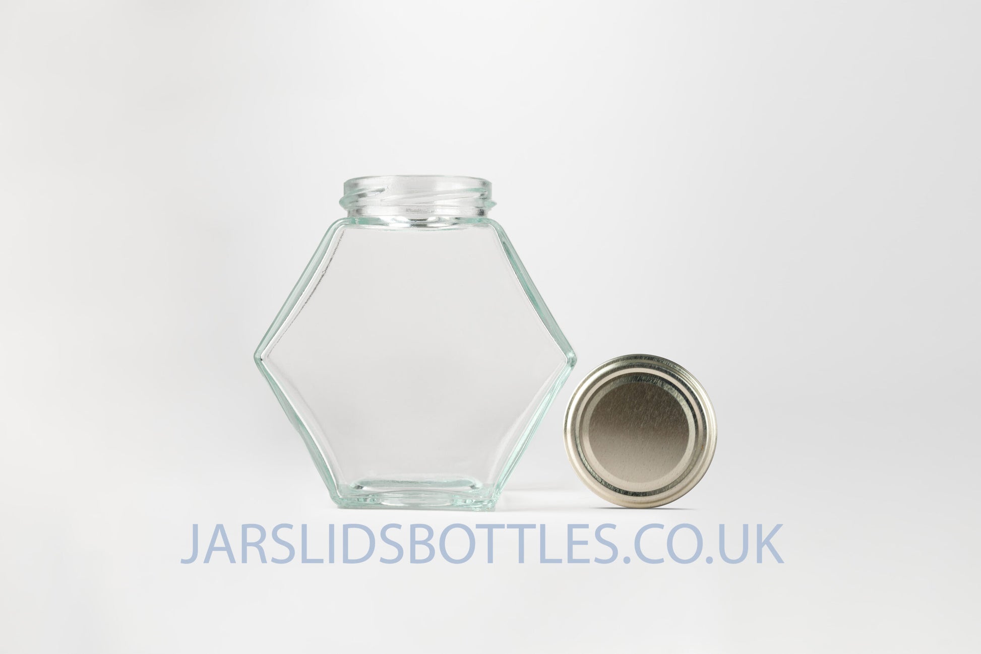 Glass Hexagon Jar 280ml Honey gold lids