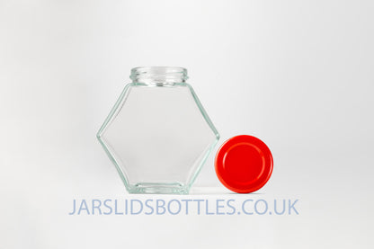 Glass Hexagon Jar 280ml Honey red lids