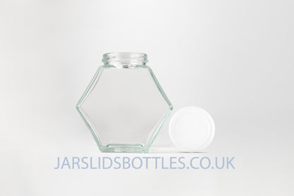 Glass Hexagon Jar 280ml Honey white lids